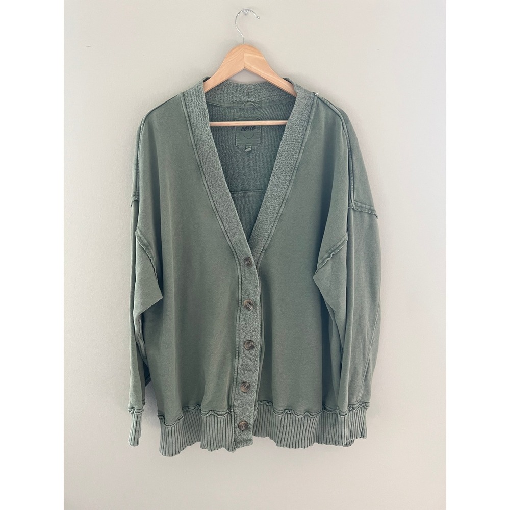 Aerie Oversized French Terry Cardigan Washed Olive Green XXL Button Front